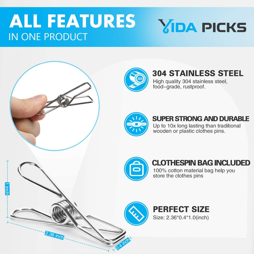 Wire Clothespins Laundry Chip Clips-40 Pack Bulk Clothes Pins with Heavy Duty, Durable Clamp Metal Clothes Pegs Multi-purpose for Outdoor Clothesline by Vida Picks