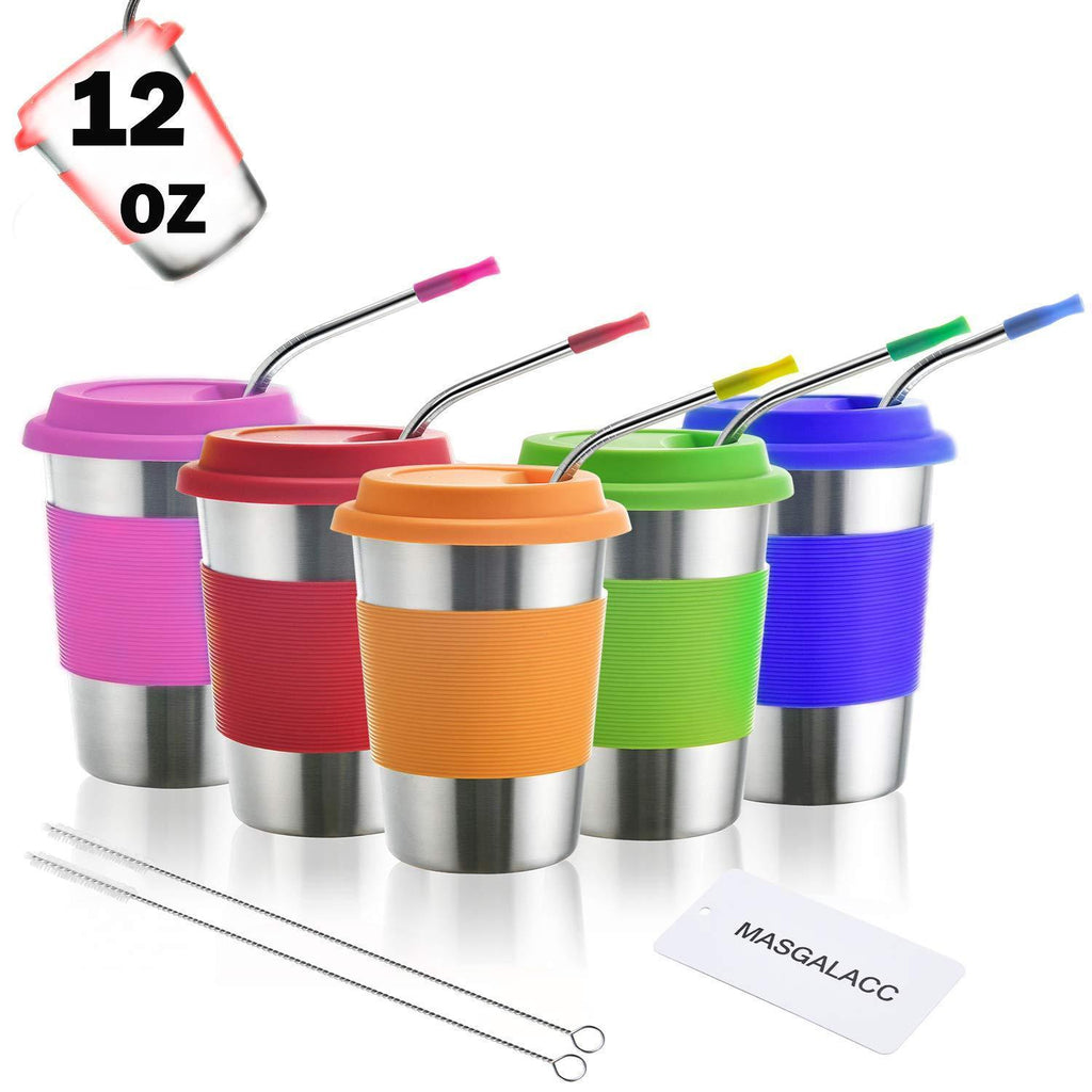 Kids Stainless Steel Cups 12 oz With Silicone Lids & Straw 5 Pack Drinking Tumblers for Adults, Children and Toddlers