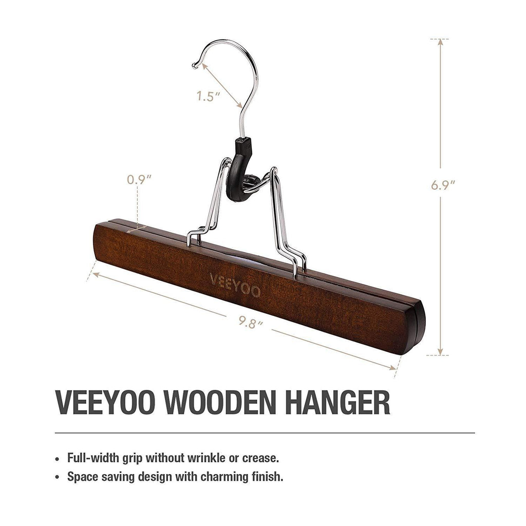 VEEYOO Solid Wooden Clamp Pant Hangers with Locking Bar (Set of 10) - Non-Slip & Extra Thick Chrome Hook, for Pants, Trousers, Jeans, Skirts and Slacks, Retro Finish
