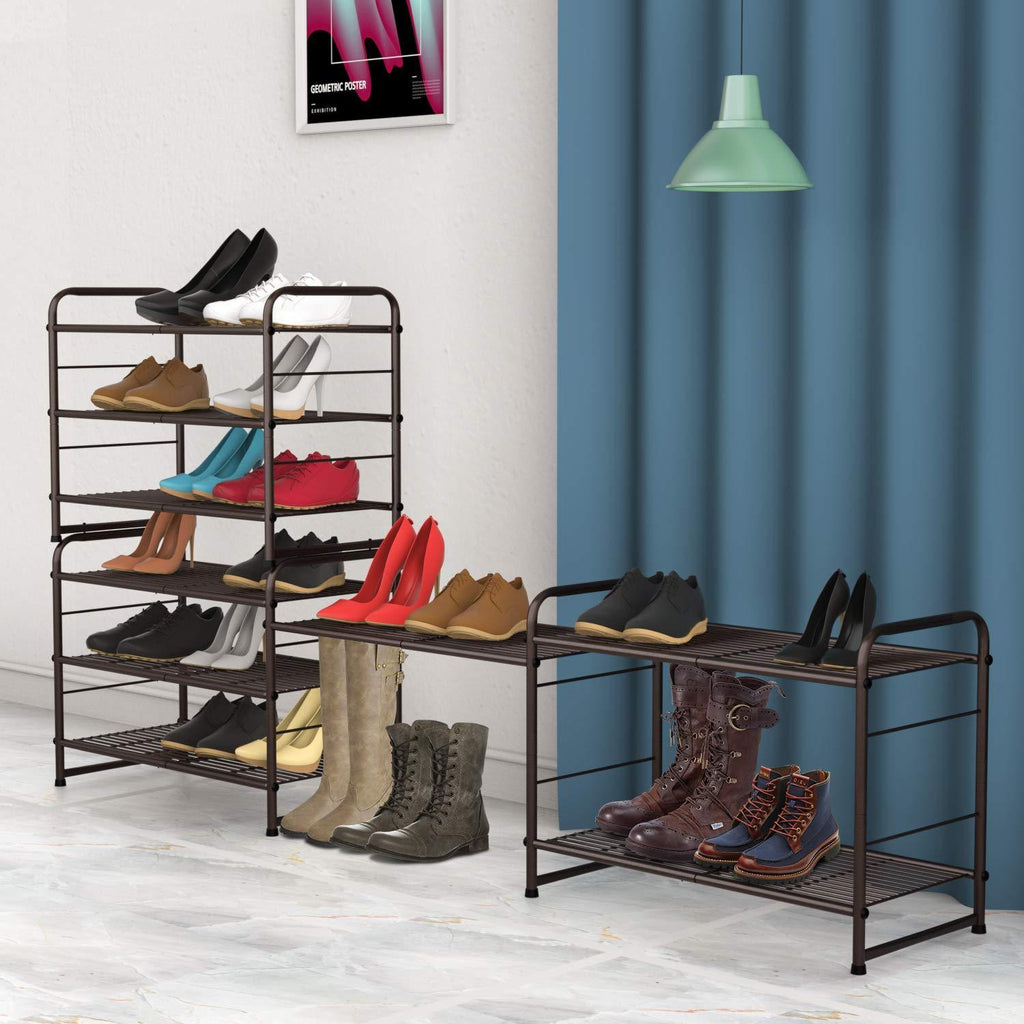Simple Trending 3-Tier Stackable Shoe Rack, Expandable & Adjustable Shoe Shelf Storage Organizer, Wire Grid, Bronze