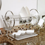 2-Tier Kitchen Dish Plate Storage Organizer and Drying Rack with Removable White Utensil Holder, Chrome-Plated