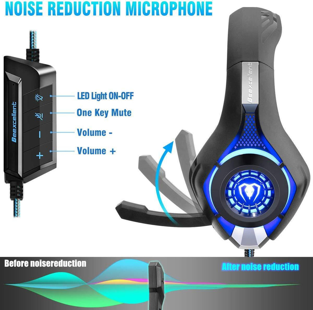 MODOHE USB Gaming Headset for PC, 7.1 Surround Sound Computer Gaming Headphones, PC Headset with Noise Canceling Mic Volume Control LED Light for PC Mac Laptop