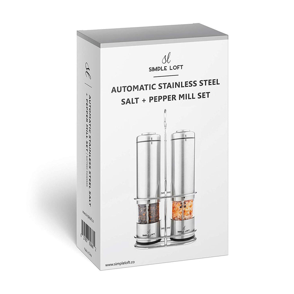SIMPLE LOFT Salt and Pepper Grinder Electric Set - Automatic Stainless Steel Battery Powered Mills with Light and Metal Stand (2019)