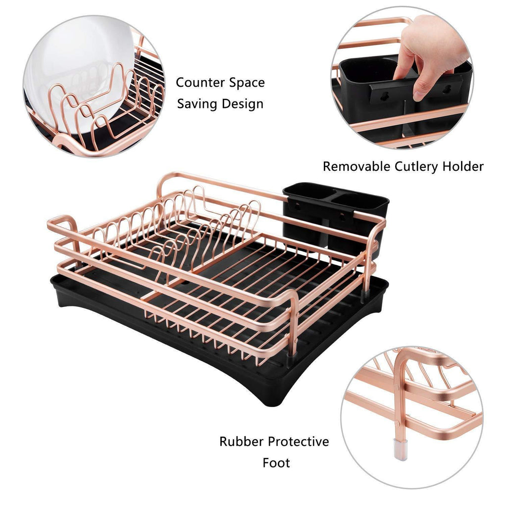 Aluminum Dish Drying Rack,HabiLife Never Rust Sink Dish Drying Rack with Utensil Holder, Removable Plastic Drainer Tray with Adjustable Swivel Spout