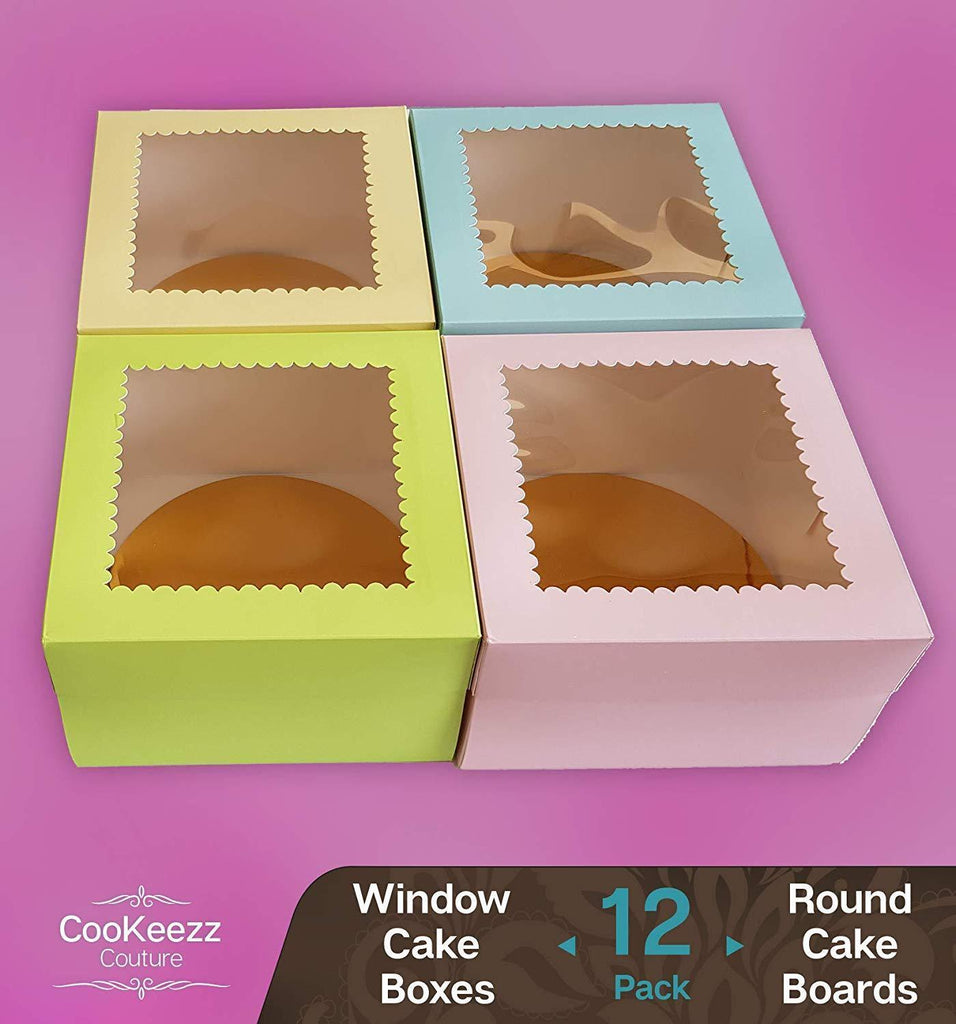 CooKeezz Couture - Colored Window Cake Boxes 8x8x5 Decorated Boxes Auto Popup Great for Bakery, Cupcake - Assorted 12 Pack Boxes in 4 Pastel Colors Also Included with 12 Round Cake Boards.