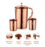 AVADOR Handcrafted 100% Pure Copper Jug Pitcher with 2 Glass Drinkware Hammered Finish Ayurveda Health Benefit