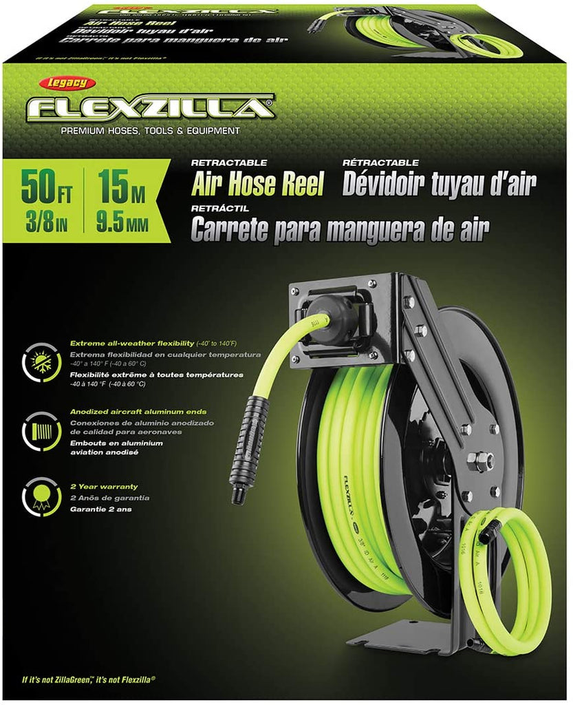 Flexzilla Open Face Retractable Air Hose Reel, 3/8 in. x 50 ft., Heavy Duty, Lightweight, Hybrid, ZillaGreen - L8611FZ