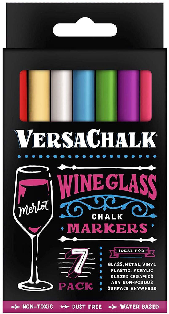 VersaChalk Washable Wine Glass Markers- 7 Vibrant Erasable Colors to Write on Party Cups, Drink Glasses, Beer Mugs, Clear Plastic Jars, Windows, and Mirrors