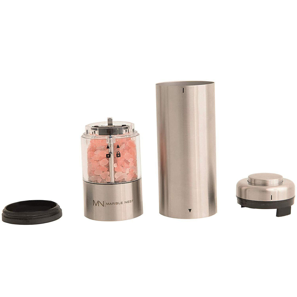 Electric Salt and Pepper Grinder Set (Battery Operated) by Marble Nest - Premium Stainless Steel with Stand - LED Light - Ceramic Mill - Adjustable Fine to Coarse Knob - Separate Battery Compartment
