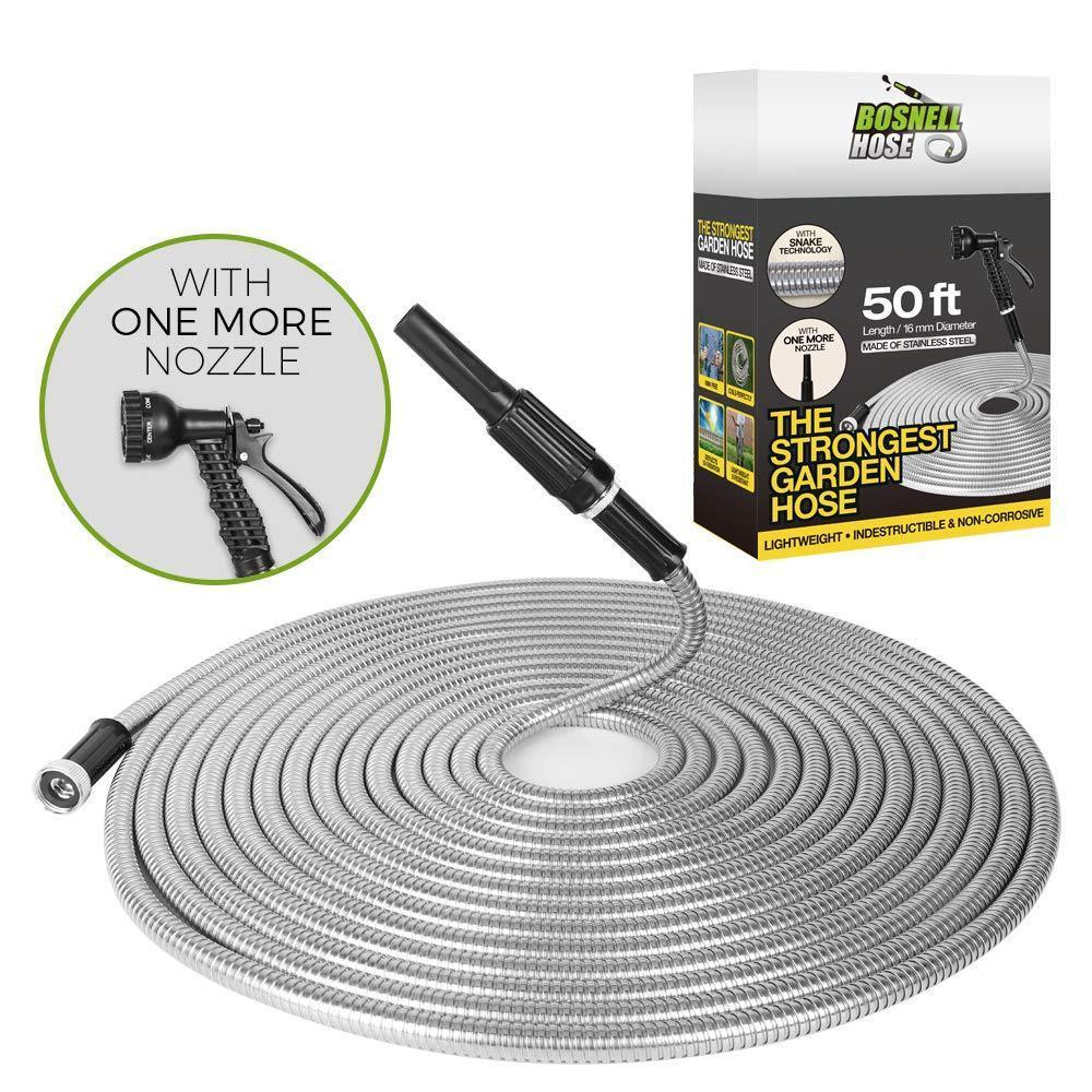 BOSNELL 50FT Metal Garden Hose, Dog Free and Kink Free, Stainless Steel Hose with 2 Free Nozzles, Lightweight, Ultra Flexible and Tangle Free, Cool to Touch, Outdoor Hose