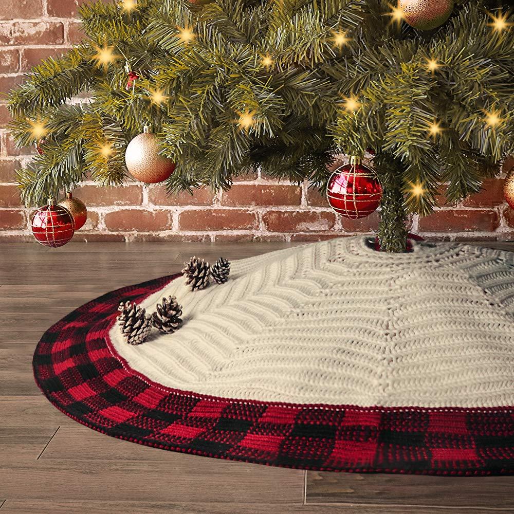 LimBridge Christmas Tree Skirt, 48 inches Buffalo Plaid Knitted Thick Heavy Yarn Rustic Xmas Holiday Decoration, Cream Burgundy