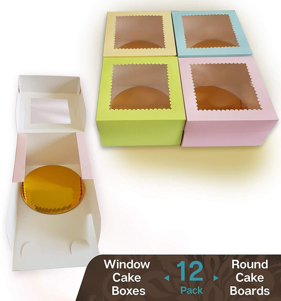 CooKeezz Couture - Colored Window Cake Boxes 8x8x5 Decorated Boxes Auto Popup Great for Bakery, Cupcake - Assorted 12 Pack Boxes in 4 Pastel Colors Also Included with 12 Round Cake Boards.