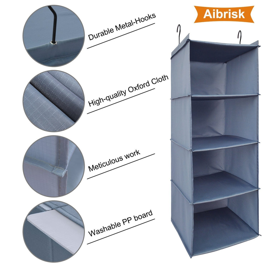 Aibrisk 4 Shelves Hanging Closet Organizer Collapsible Hanging Closet Shelves Storage Organizer Oxford Cloth, Gray