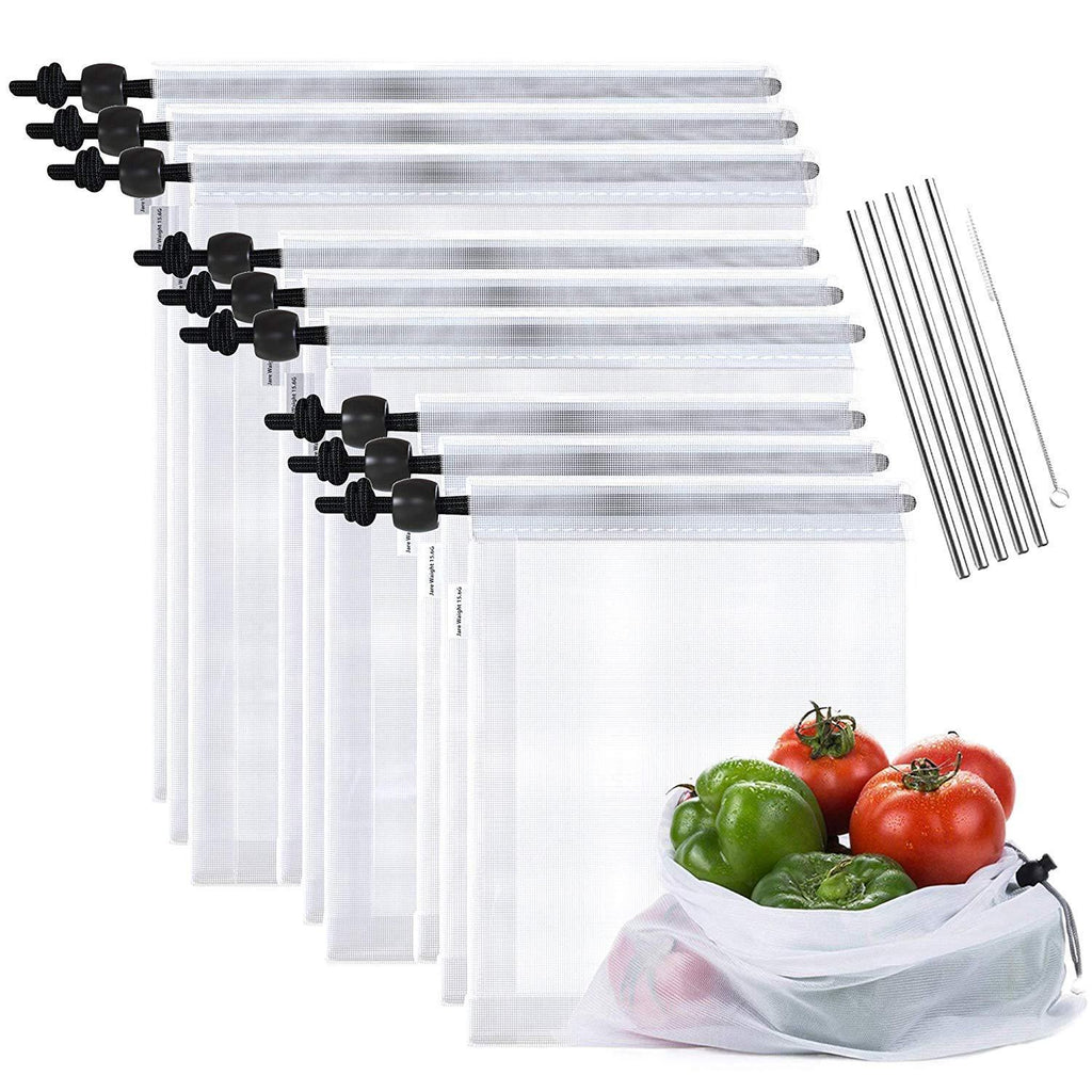 Max K Reusable Mesh Produce Bags for Grocery and Food Storage with Stainless Steel Straws, 14 Pack (9 x Bags, 5 x Straws)