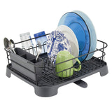 mDesign Large Kitchen Countertop, Sink Dish Drying Rack with Removable Cutlery Tray and Drainboard with Adjustable Swivel Spout - 3 Pieces, Silver Wire/Black Plastic Cutlery Caddy and Drainboard