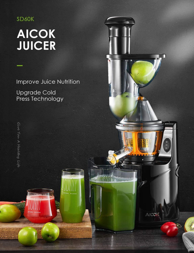 Aicok Masticating Juicer, Juicer Machine with 3” Whole Juicer Chute for Fruits and Vegetables, Slow Juicer Extractor Easy to Clean with Pre-Clean Function and Brush, Quiet Motor, BPA-FREE, Black