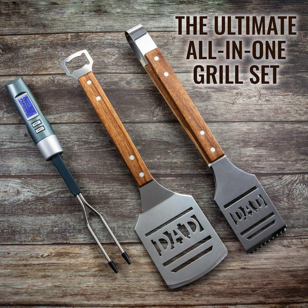 Hike Crew Dad BBQ Tools Gift Set – 4-Piece Grill Accessories Utensils Kit Perfect for Holiday, Birthday or Father’s Day – Includes Tongs, Spatula, Digital Thermometer & Carrying Case (Gift Box)