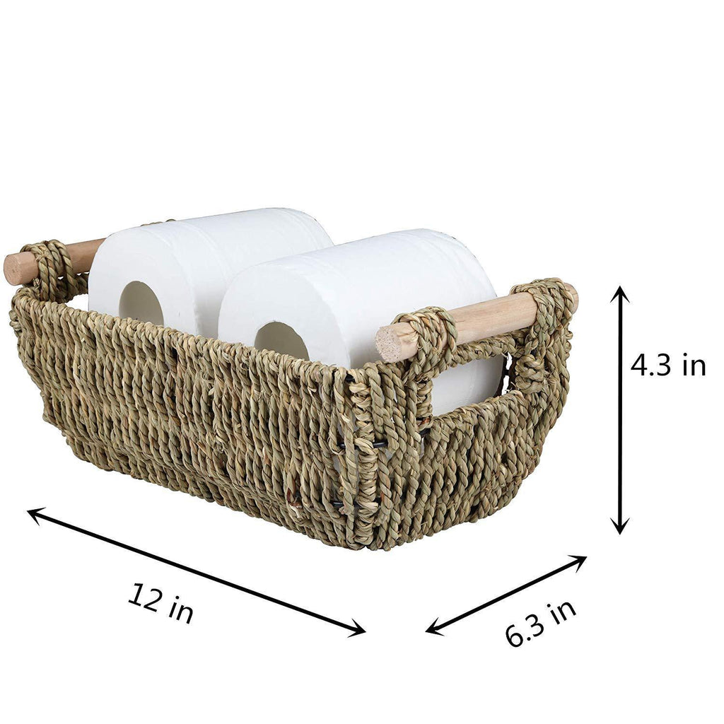 Storage Baskets, Decorative Seagrass Basket Tote with Wooden Handles, 12" x 6.3" x 4.3", 2-Pack