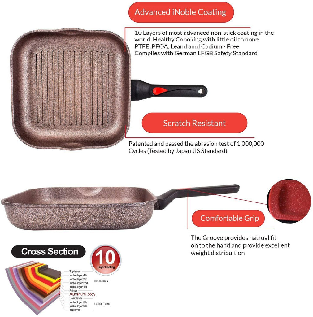 Alpha Square Grill Pan Made in Korea 11 Inch with Deep ridges and Induction ready, iNoble Non-Stick Cookware Dishwasher Safe