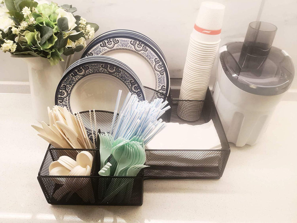 Cutlery Utensil Holder - Organizer Caddy for Cups, Forks, Spoons, Plates, Napkins, Condiments and More - Mesh Holder is Excellent for Silverware Organization