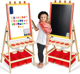 Kids Easel with Paper Roll +FREE Kids Art Supplies - Double Sided Childrens Easel Chalkboard / Magnetic Dry Erase Board - Toddler Easel by Evergreen Art Supply