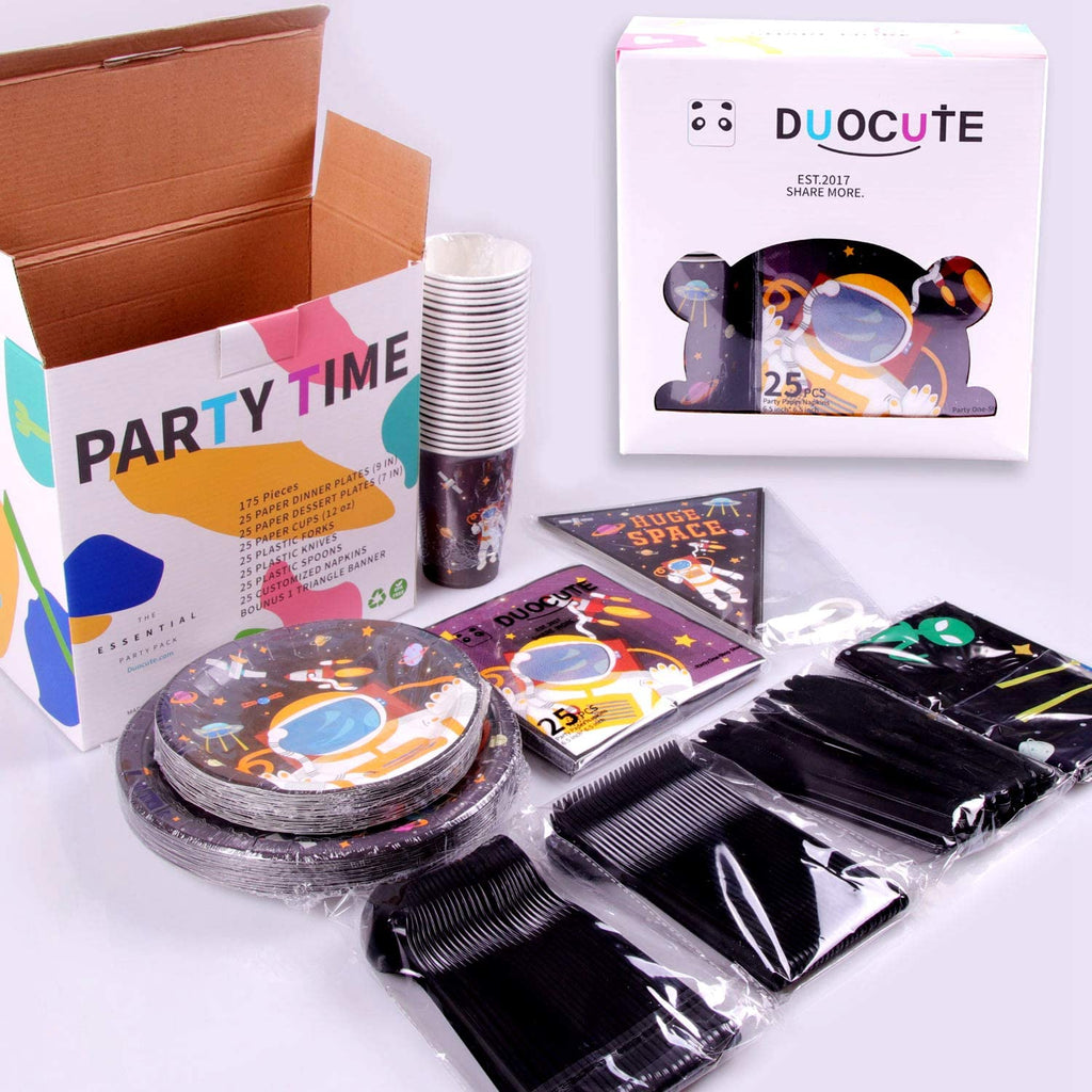 Duocute Outer Space Party Supplies 177PCS Astronaut Planet Theme Children Birthday Disposable Dinnerware Set Includes Plates, 12oz Cups, Napkins, Spoons, Forks, Knives