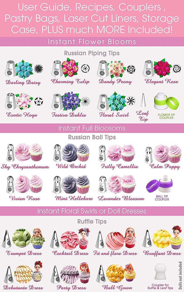 CUPCAKE RUSSIAN PIPING TIPS SET - Best 69pc Edible Flowers Cake Decorating Kit, Large Frosting Nozzles. Bonus Icing Pastry Bags. Extra Couplers. Baking Accessories and Supplies. Ball Flower Nozzle