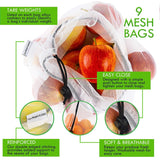 Max K Reusable Mesh Produce Bags for Grocery and Food Storage with Stainless Steel Straws, 14 Pack (9 x Bags, 5 x Straws)