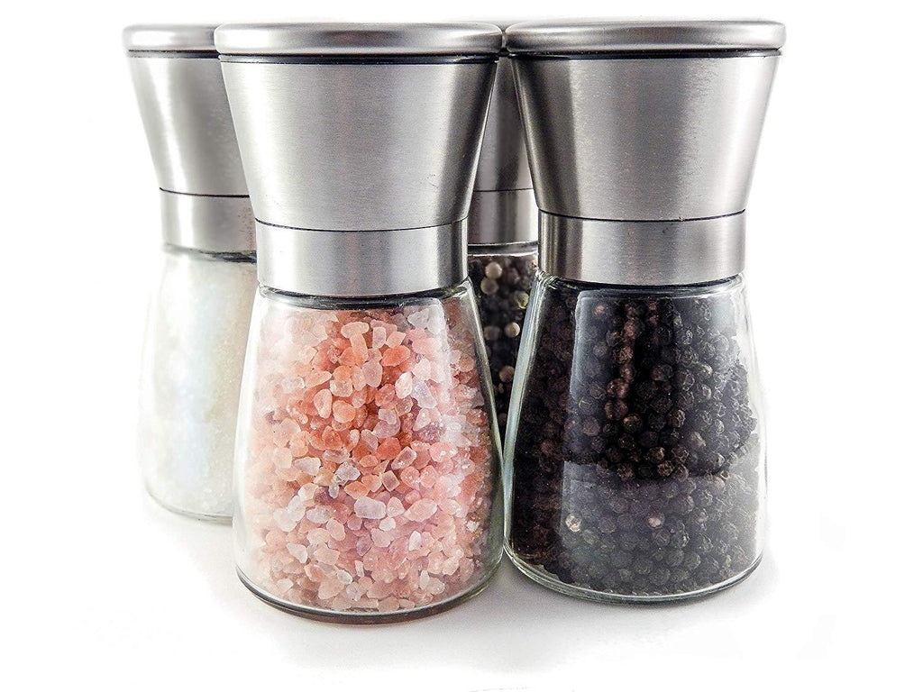 Kitchen Kiq: Salt and Pepper Mill Set - Stainless Steel and Glass Body with Adjustable Ceramic Grinders