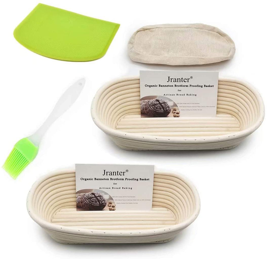 Banneton Bread Proofing Basket 8.5 inch Round Natural Rattan Cane Brotform with Linen Liner 2 Pack+ One Rubber Scraper+ One Silicone BBQ Brush by XUANNIAO